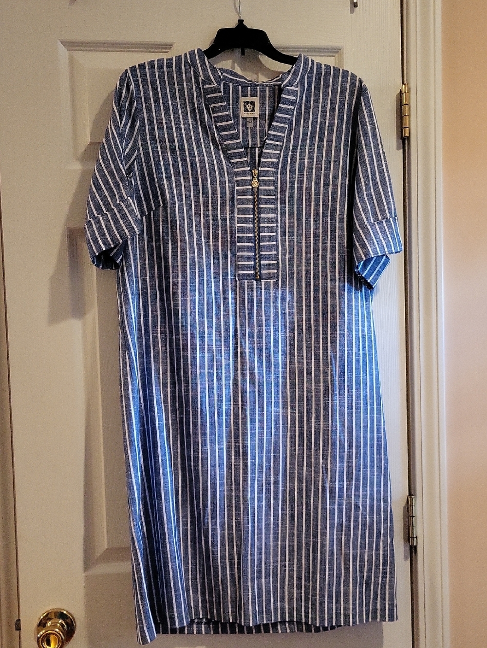Anne Klein Blue and White Vertical Stripe Dress Size 14